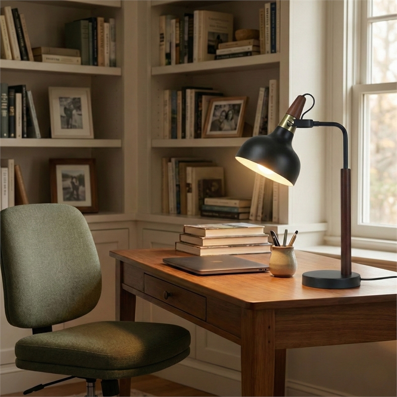 Halona Adjustable Black Industrial Desk Lamp with Wood and Metal Design