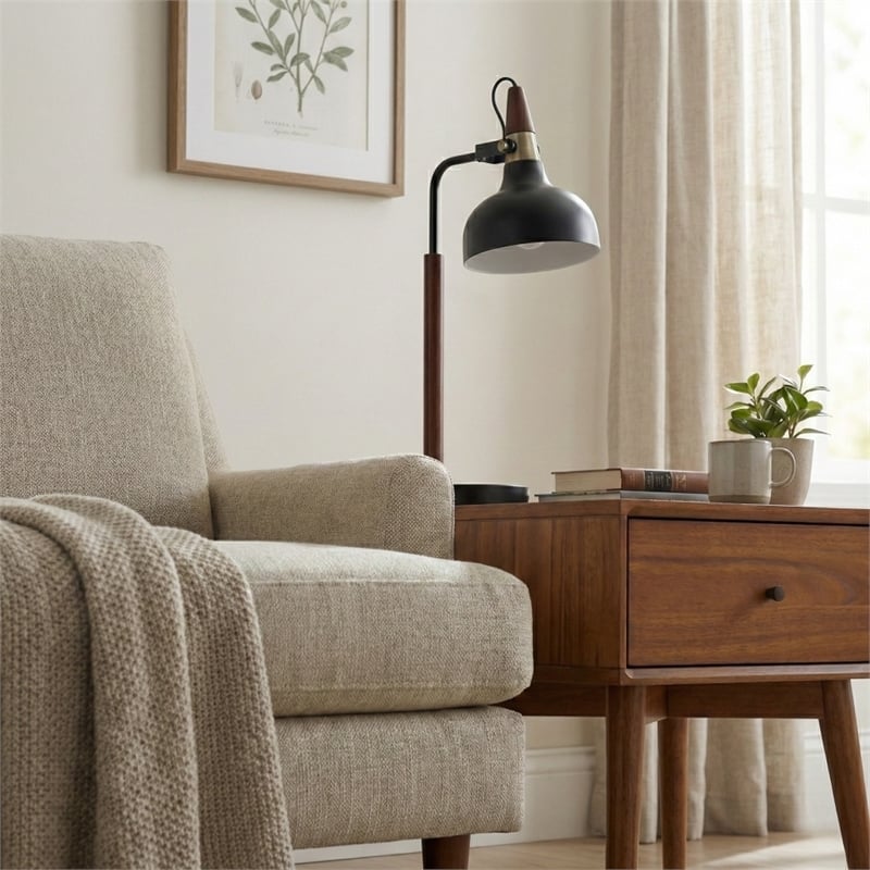 Halona Adjustable Black Industrial Desk Lamp with Wood and Metal Design