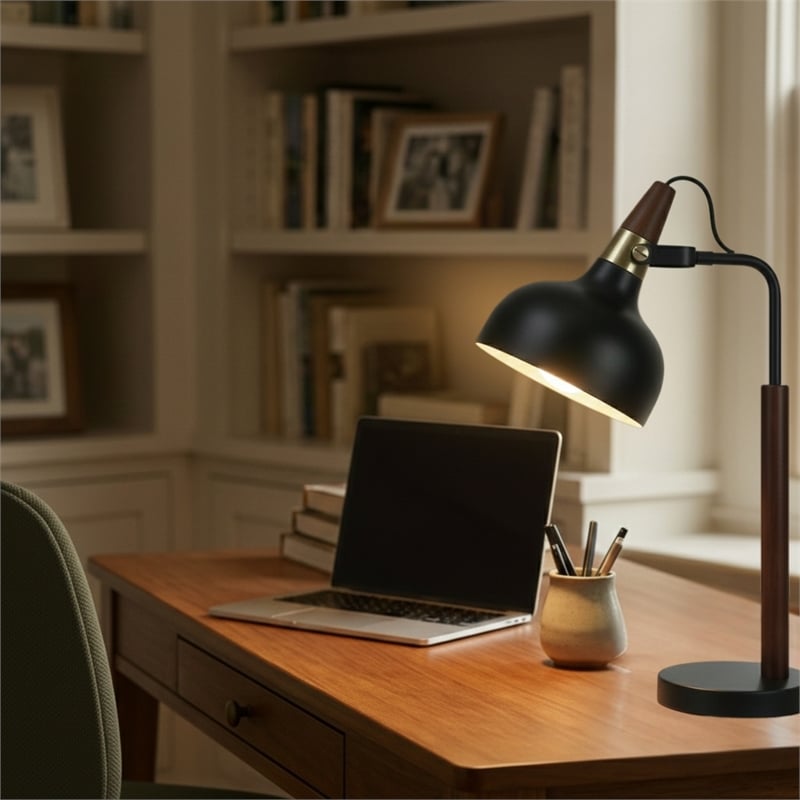 Halona Adjustable Black Industrial Desk Lamp with Wood and Metal Design