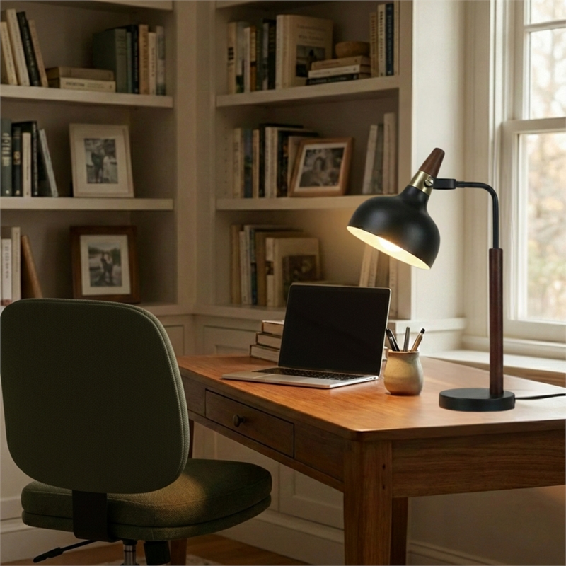 Halona Adjustable Black Industrial Desk Lamp with Wood and Metal Design