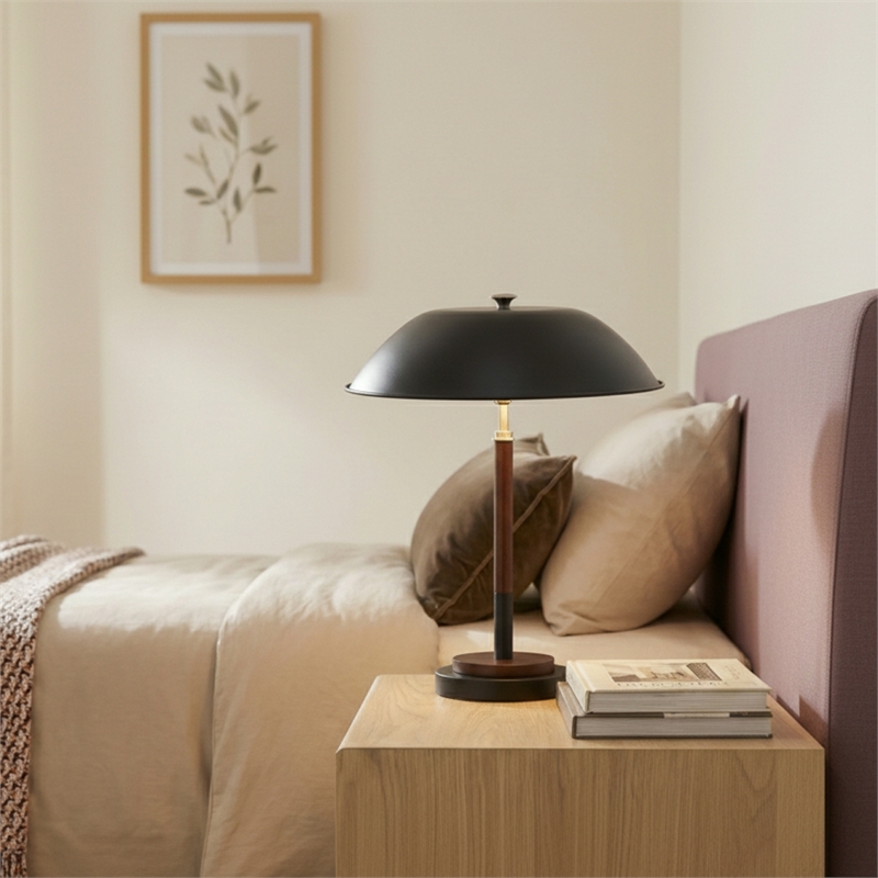 Lena Black Dome Table Lamp with Wood and Brass Details