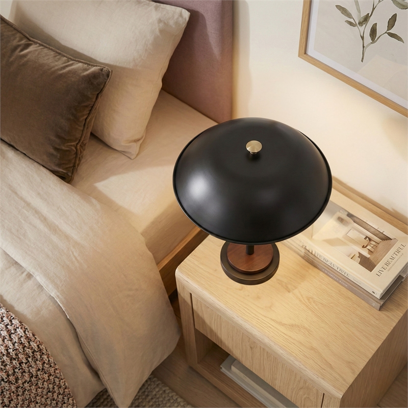 Lena Black Dome Table Lamp with Wood and Brass Details