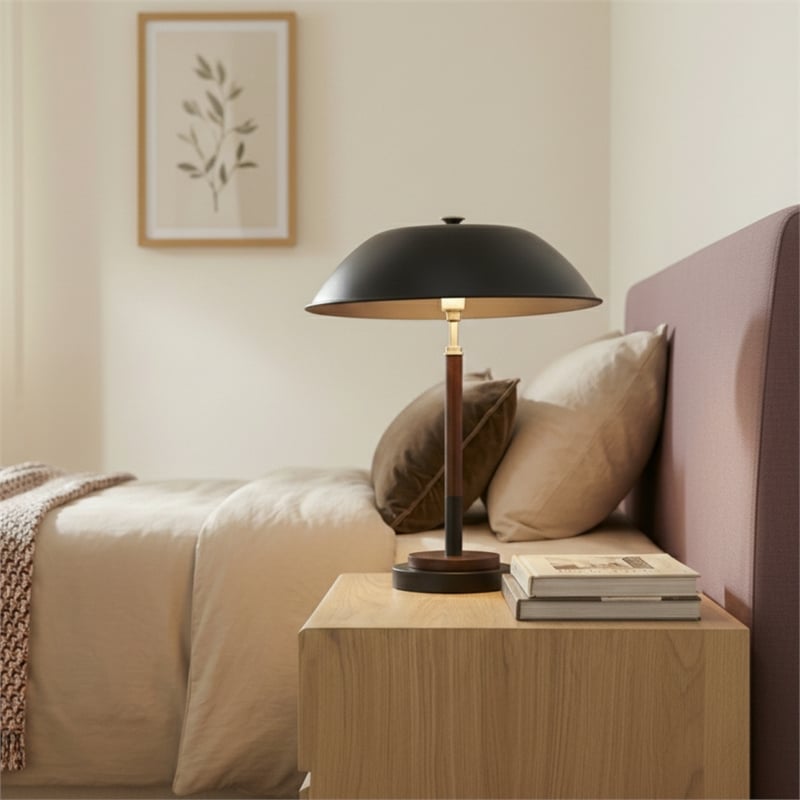 Lena Black Dome Table Lamp with Wood and Brass Details