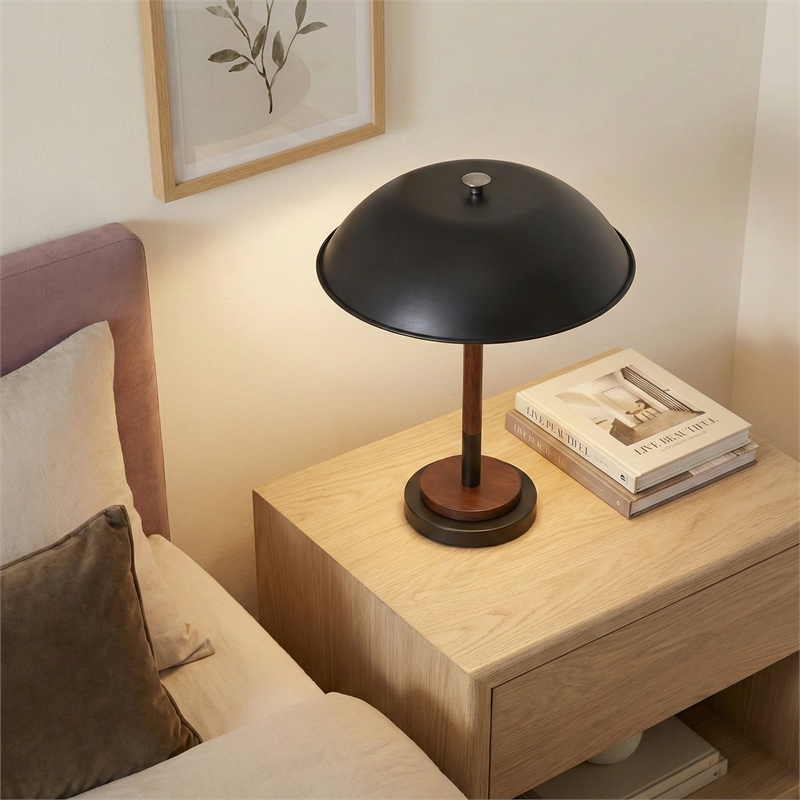 Lena Black Dome Table Lamp with Wood and Brass Details