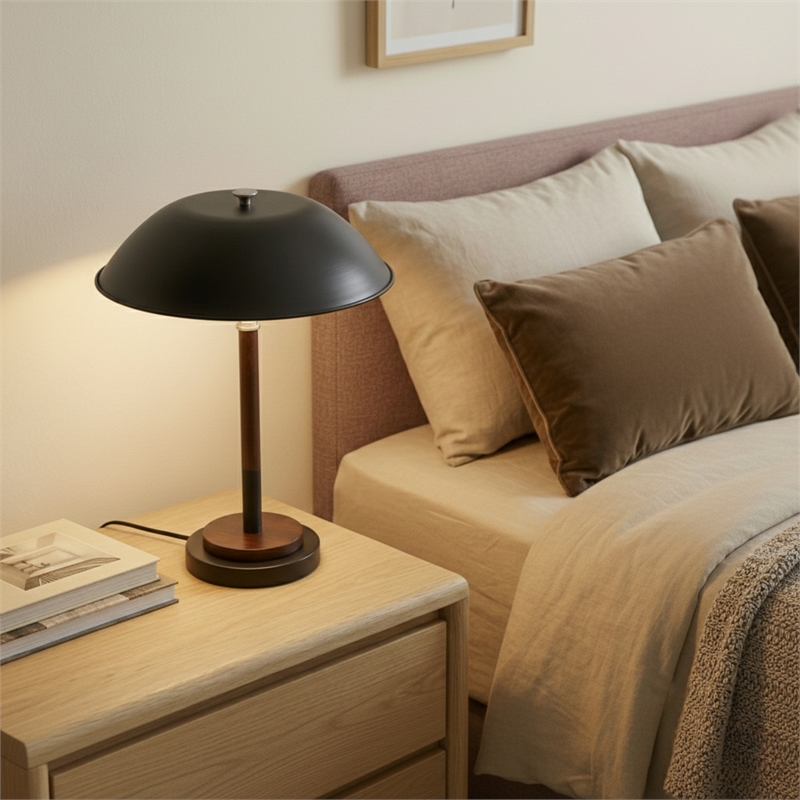 Lena Black Dome Table Lamp with Wood and Brass Details