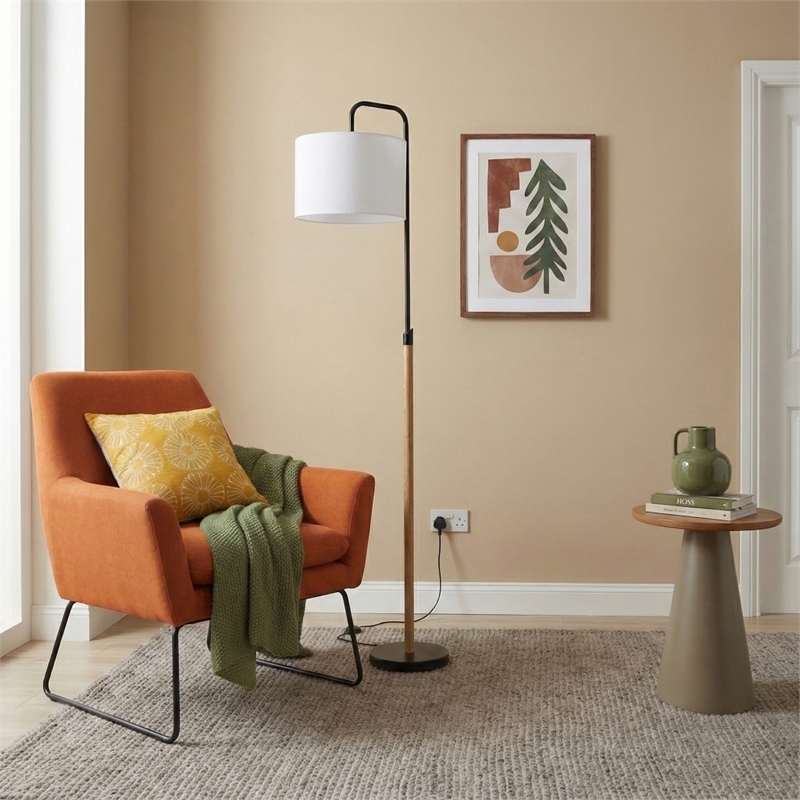 Perry Minimalist Black Floor Lamp with Wood and Metal Frame