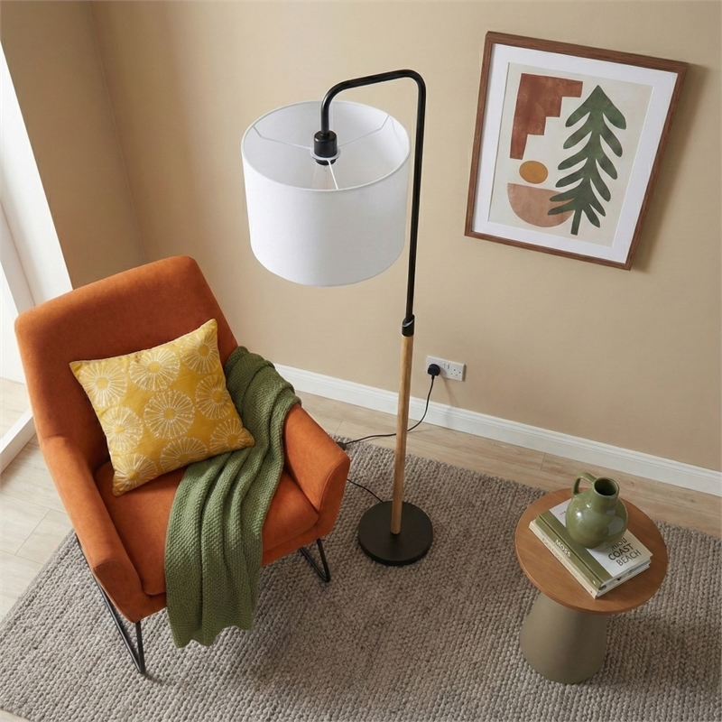 Perry Minimalist Black Floor Lamp with Wood and Metal Frame