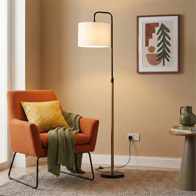 Perry Minimalist Black Floor Lamp with Wood and Metal Frame
