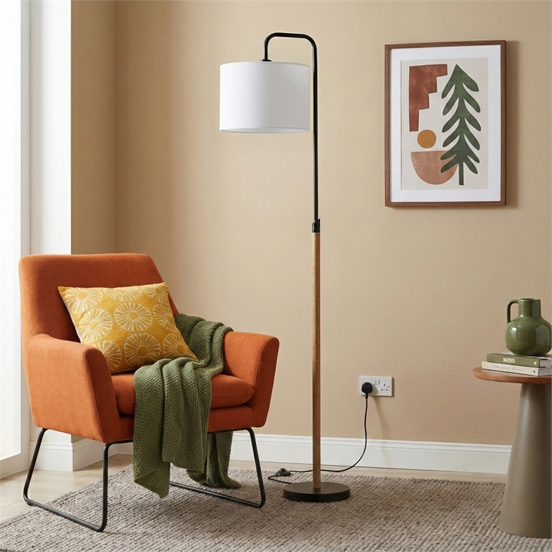 Perry Minimalist Black Floor Lamp with Wood and Metal Frame