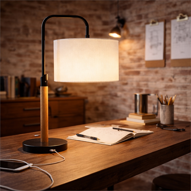 Lucia Brushed Metal Black Swirl Table Lamp with Wooden Base