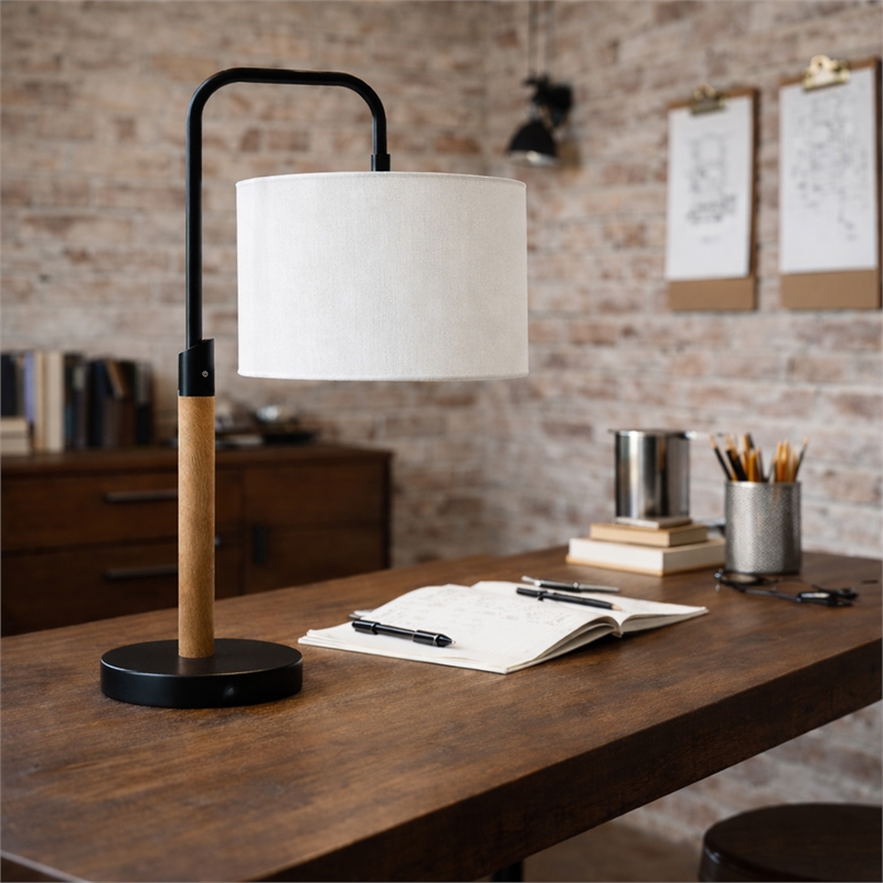 Lucia Brushed Metal Black Swirl Table Lamp with Wooden Base