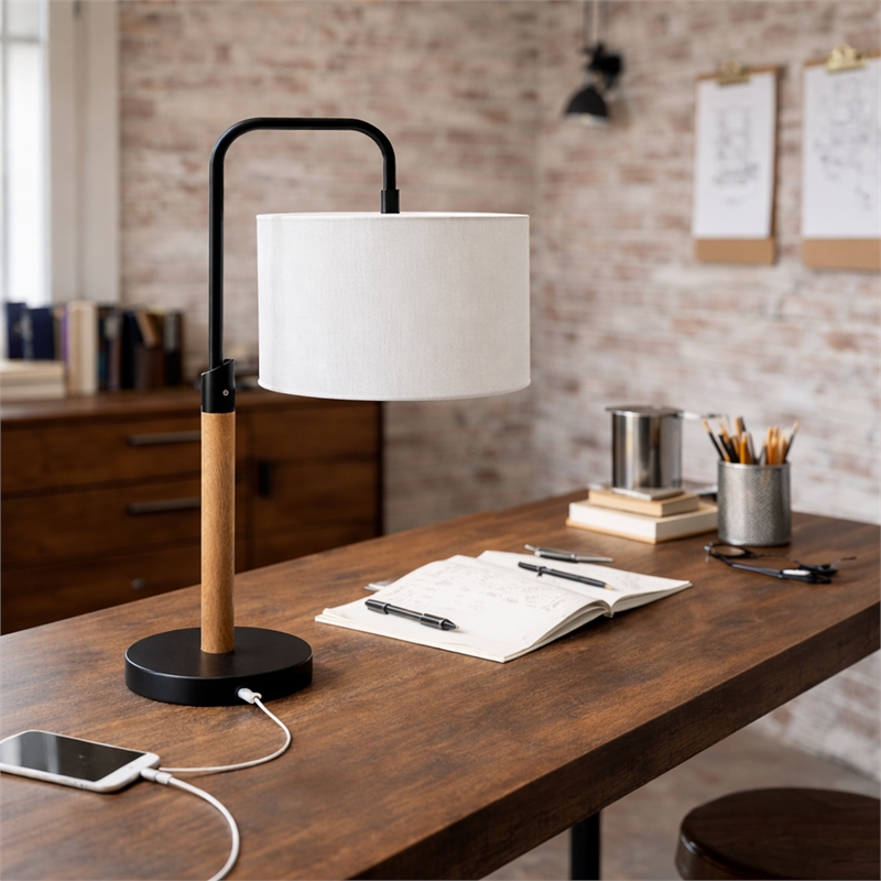 Lucia Brushed Metal Black Swirl Table Lamp with Wooden Base