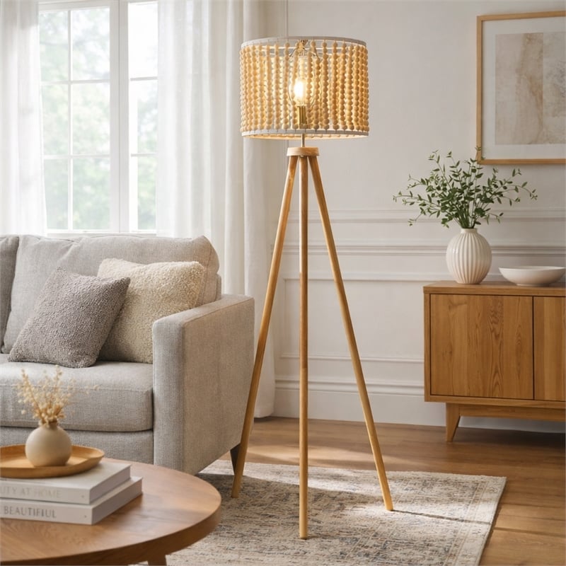 Lina Bohemian Beaded Shade Floor Lamp with Tripod Brown Wood Base