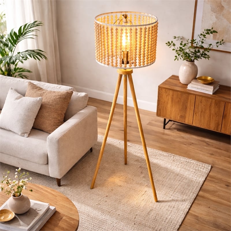 Lina Bohemian Beaded Shade Floor Lamp with Tripod Brown Wood Base