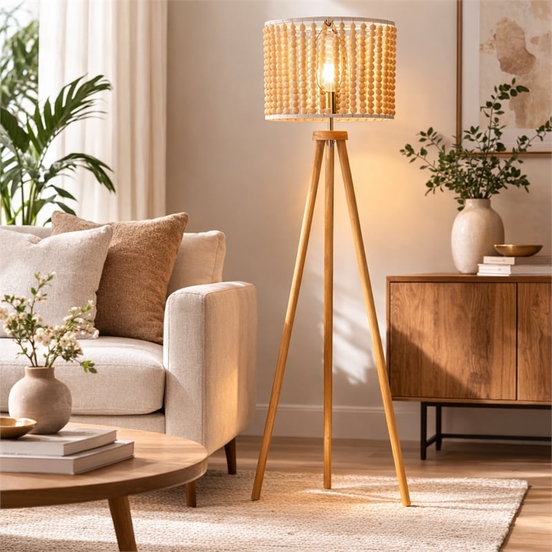 Lina Bohemian Beaded Shade Floor Lamp with Tripod Brown Wood Base