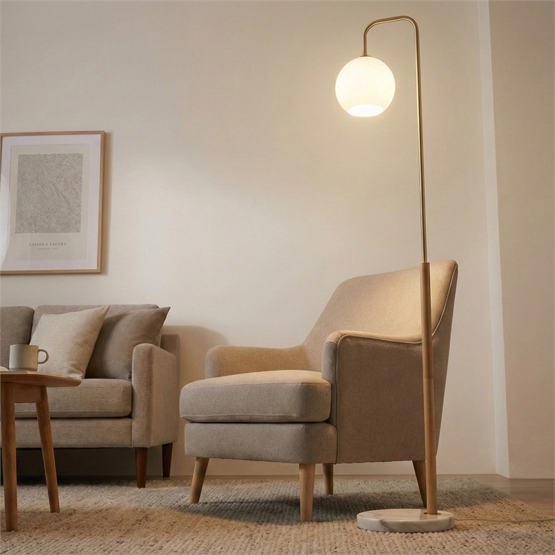 Cole Contemporary Floor Lamp with White Marble Base and Globe Shade