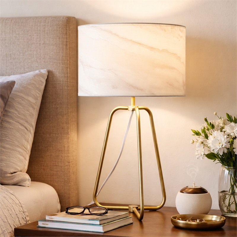 Landscape Table Lamp with Faux Marble Shade and Brass Base