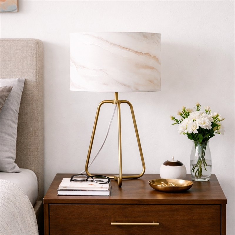 Landscape Table Lamp with Faux Marble Shade and Brass Base