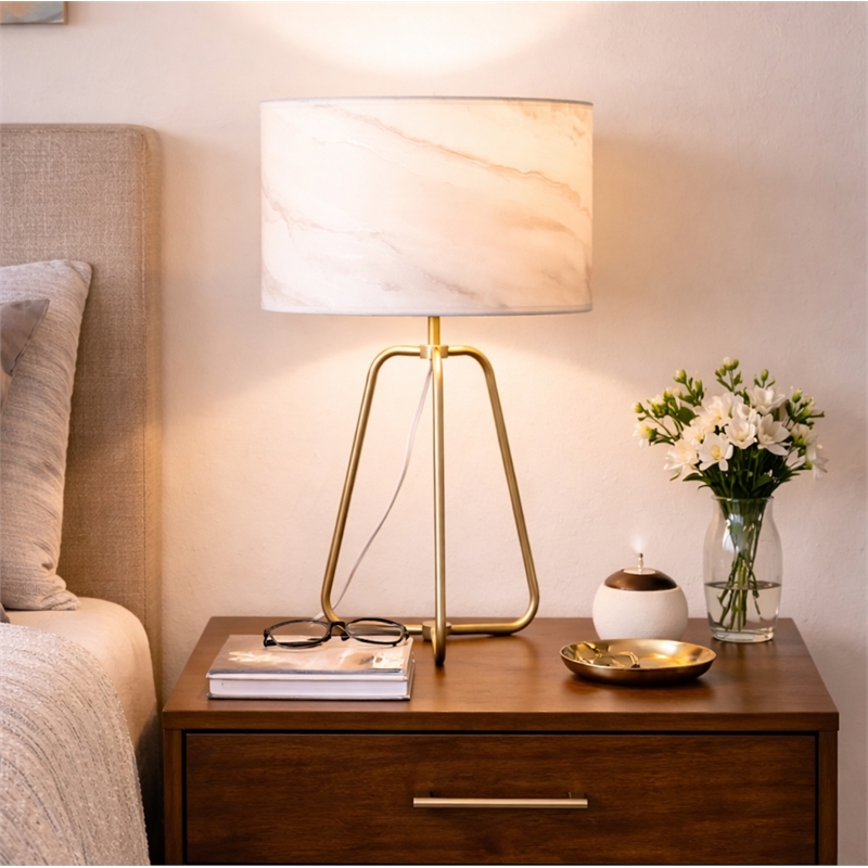 Landscape Table Lamp with Faux Marble Shade and Brass Base