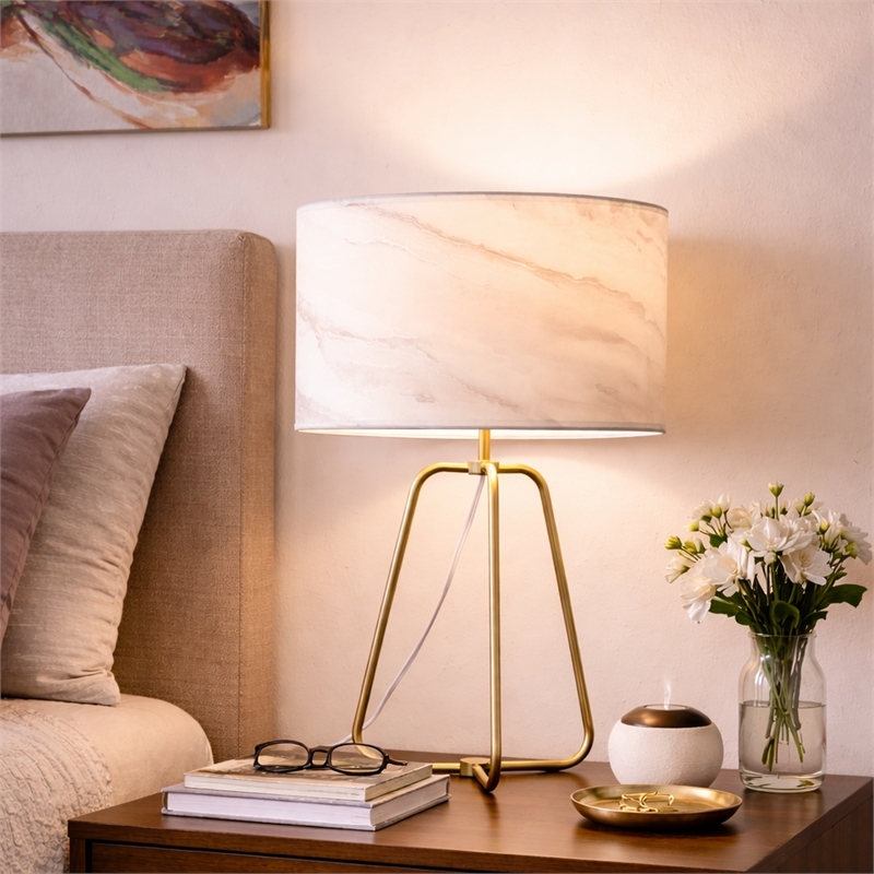 Landscape Table Lamp with Faux Marble Shade and Brass Base