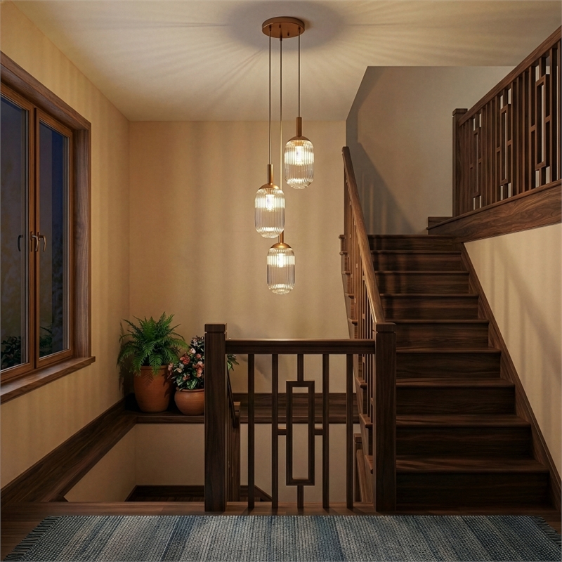 Flora Modern Gold Metal Triple Pendant Light with Ribbed Glass