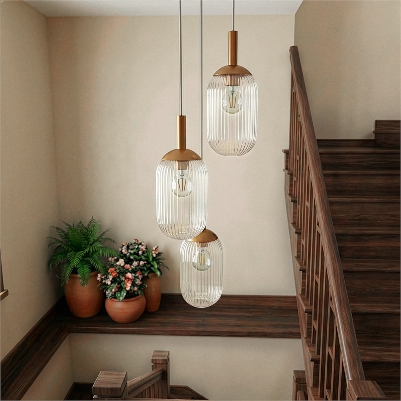 Flora Modern Gold Metal Triple Pendant Light with Ribbed Glass