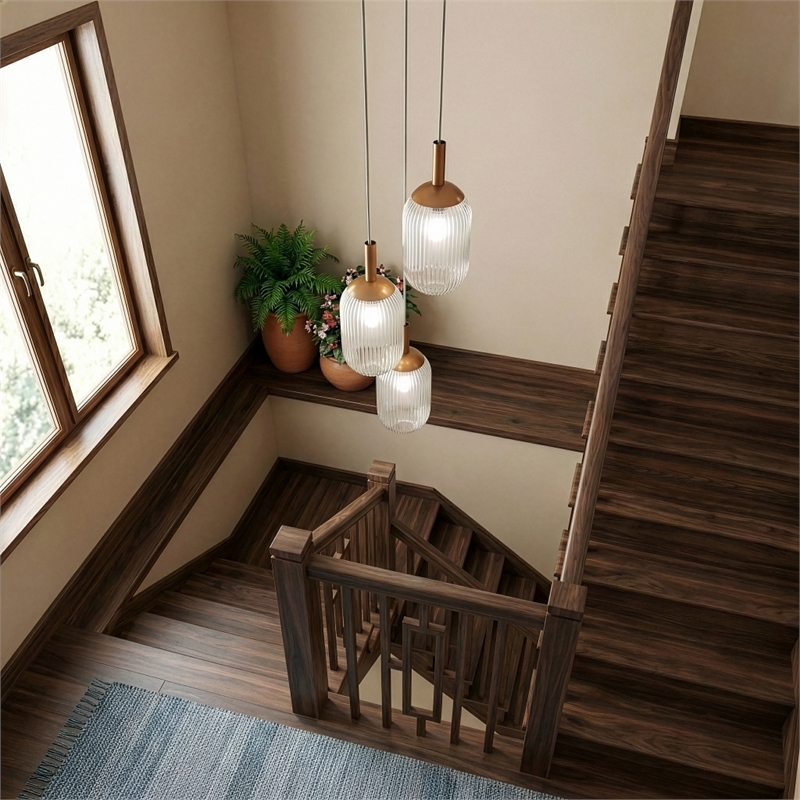 Flora Modern Gold Metal Triple Pendant Light with Ribbed Glass