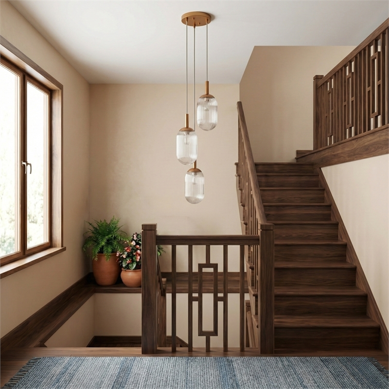 Flora Modern Gold Metal Triple Pendant Light with Ribbed Glass