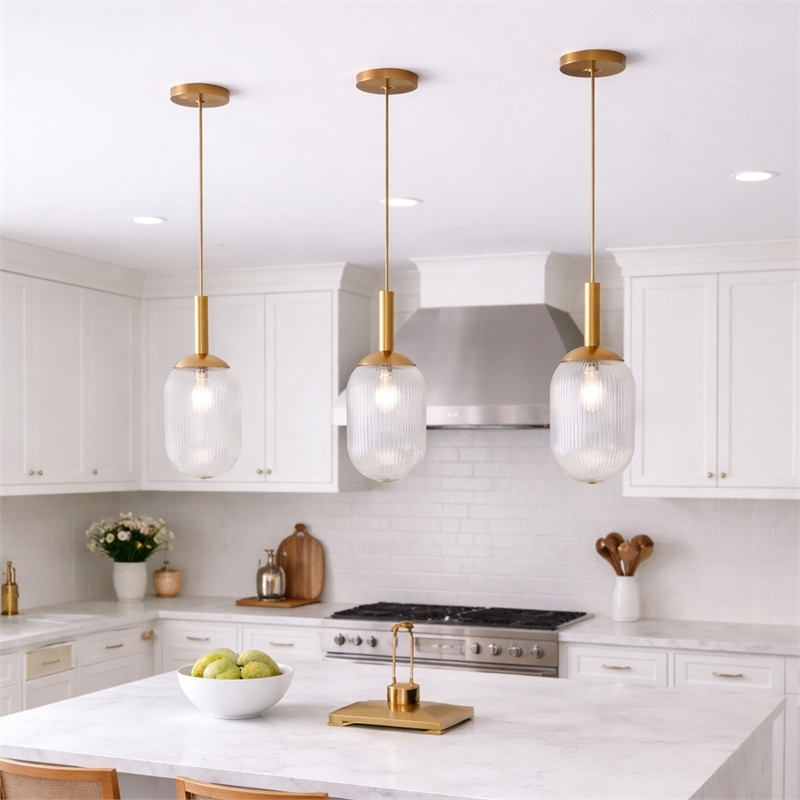 Vivian Modern Bronze Metal Ribbed Glass Pendant Light