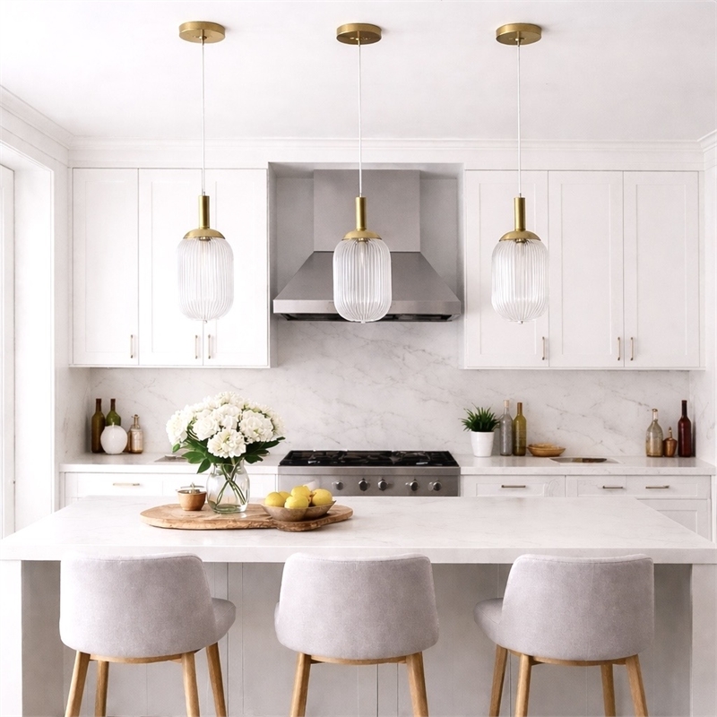 Ada Modern Ribbed Glass Metal Pendant Light with Gold Finish