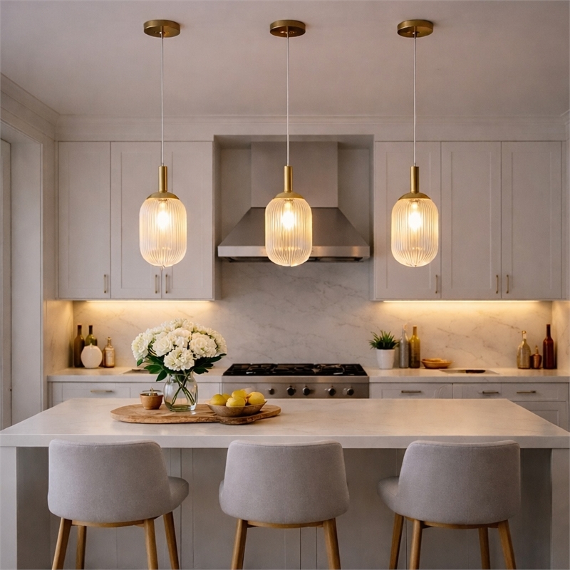 Ada Modern Ribbed Glass Metal Pendant Light with Gold Finish