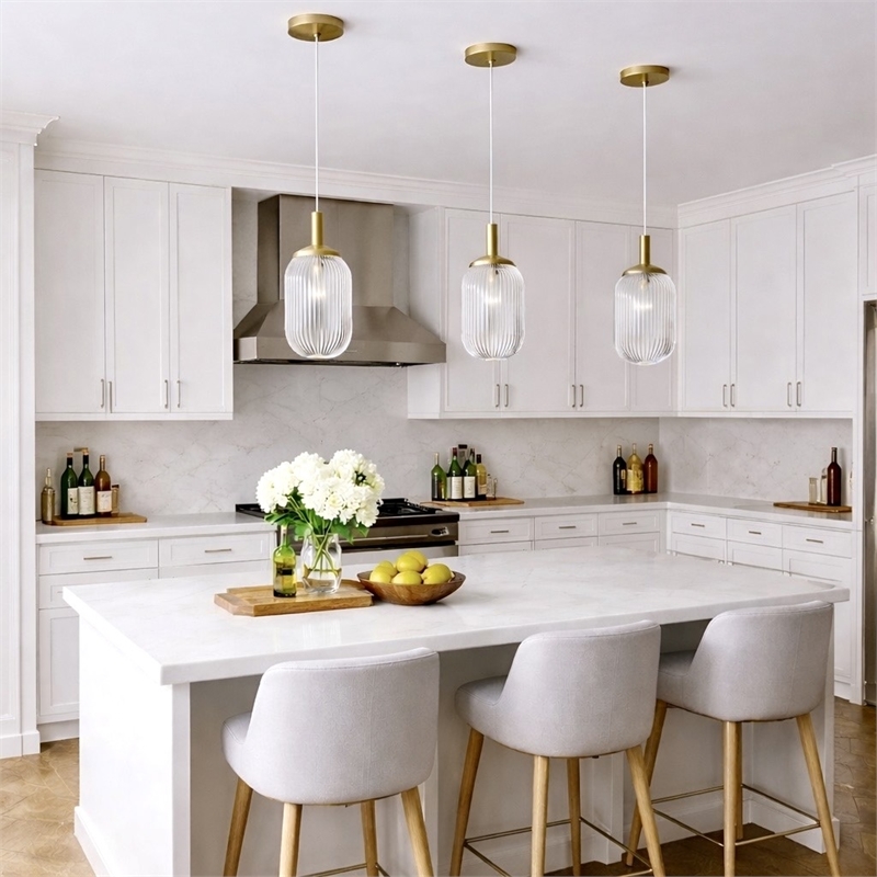 Ada Modern Ribbed Glass Metal Pendant Light with Gold Finish