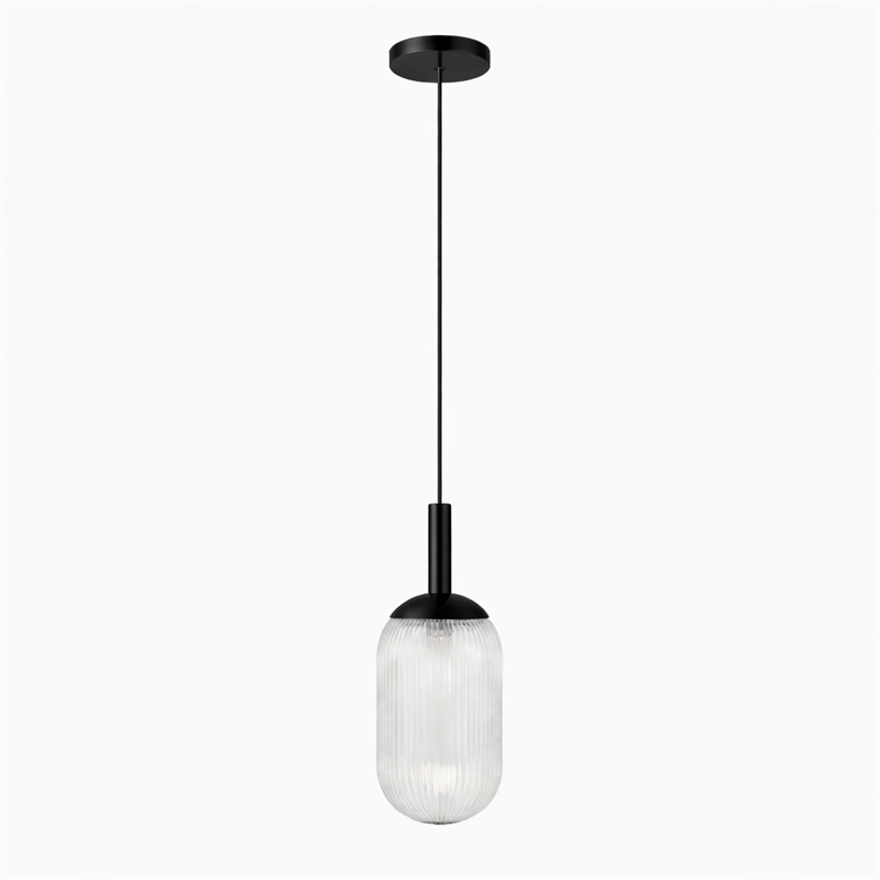 Daphne Modern Ribbed Glass Metal Pendant Light with Black Finish