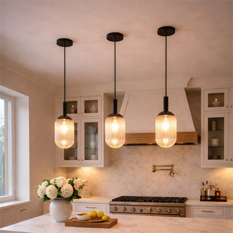 Daphne Modern Ribbed Glass Metal Pendant Light with Black Finish