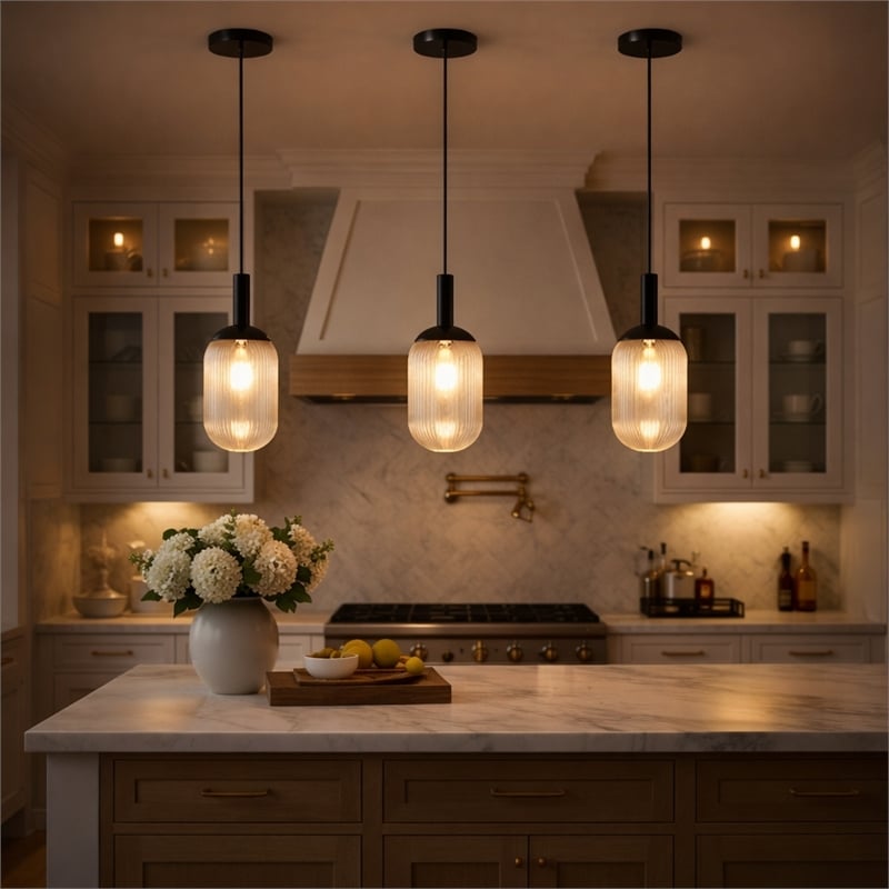 Daphne Modern Ribbed Glass Metal Pendant Light with Black Finish