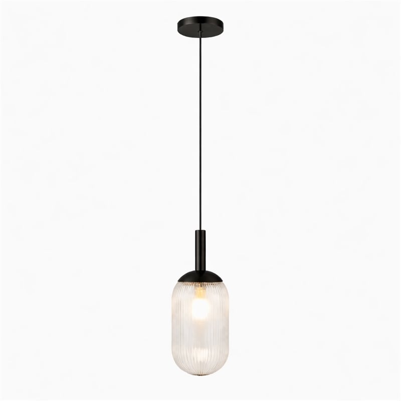 Daphne Modern Ribbed Glass Metal Pendant Light with Black Finish