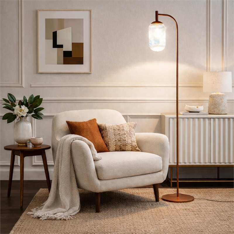 Retro Ribbed Glass Floor Lamp with Bronze Metal Arched Frame
