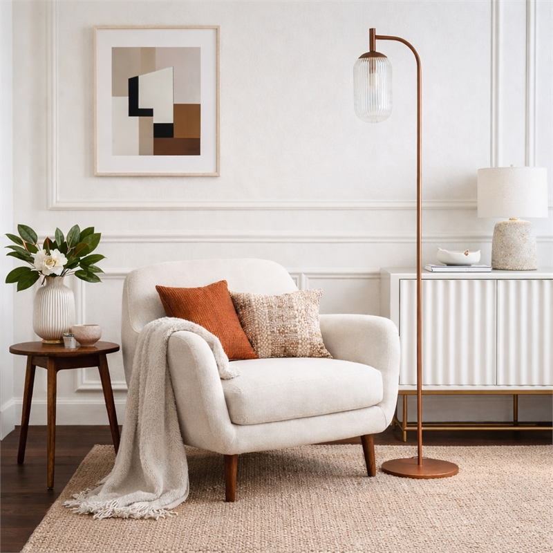 Retro Ribbed Glass Floor Lamp with Bronze Metal Arched Frame