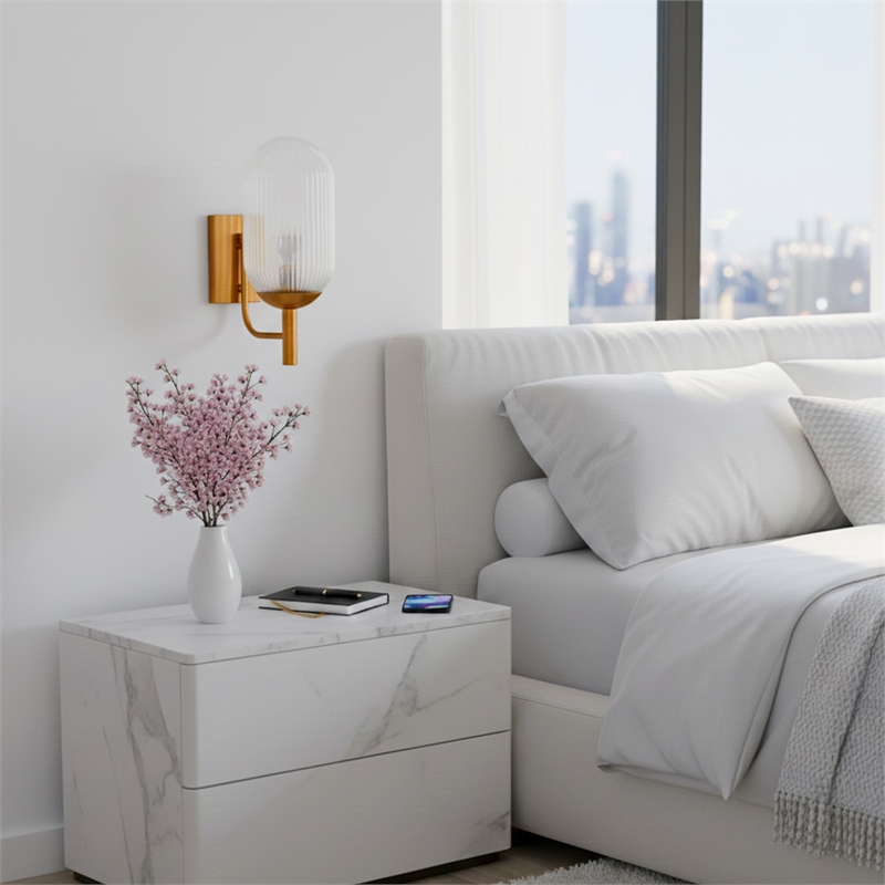 Jane Ribbed Glass Wall Sconce with Brushed Bronze Accents