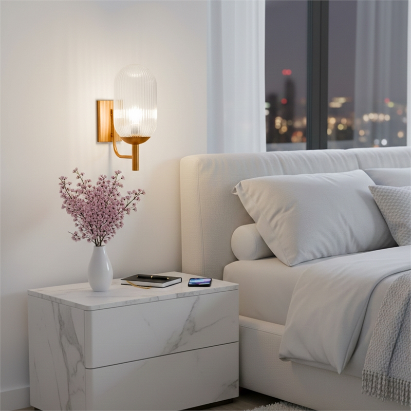 Jane Ribbed Glass Wall Sconce with Brushed Bronze Accents