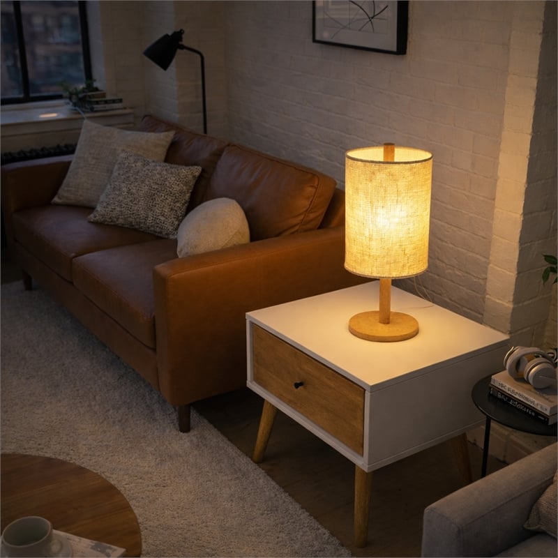 Madeline Natural Wood Table Lamp with Woven Fabric Shade