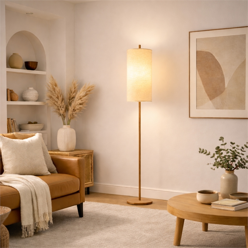 Skyler Natural Wood Floor Lamp with Cylindrical Woven Shade