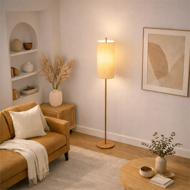 Skyler Natural Wood Floor Lamp with Cylindrical Woven Shade