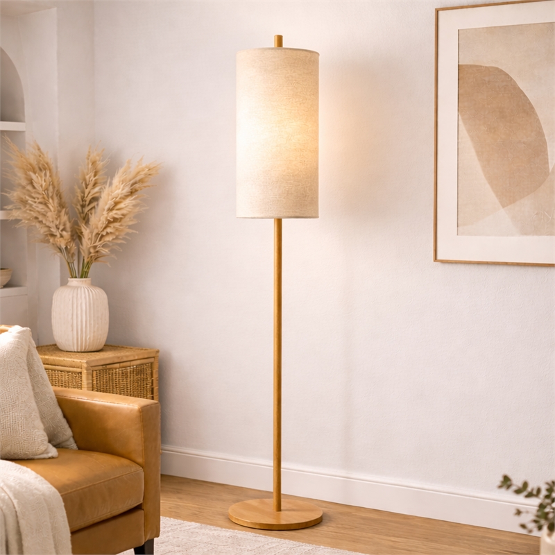 Skyler Natural Wood Floor Lamp with Cylindrical Woven Shade