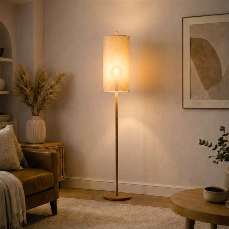 Skyler Natural Wood Floor Lamp with Cylindrical Woven Shade
