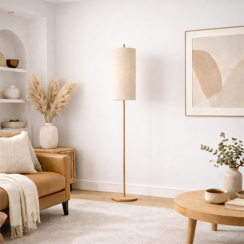 Skyler Natural Wood Floor Lamp with Cylindrical Woven Shade