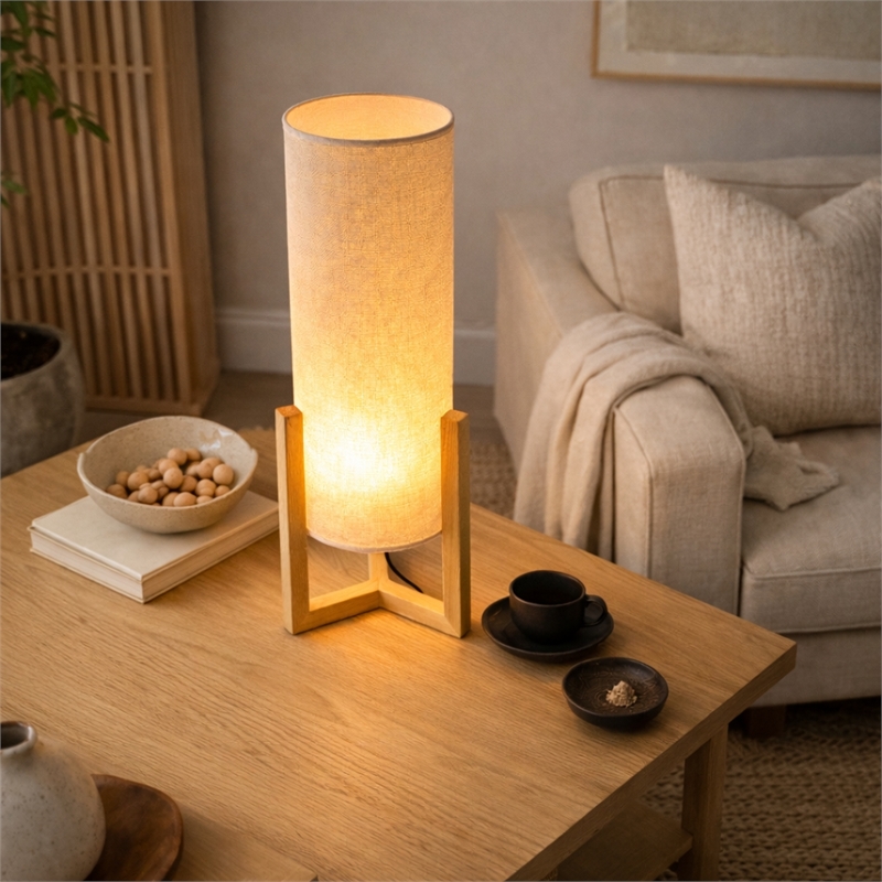 Sonya Minimalist Cylindrical Table Lamp with Natural Wood Frame
