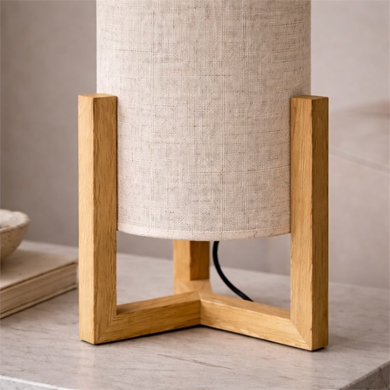 Sonya Minimalist Cylindrical Table Lamp with Natural Wood Frame