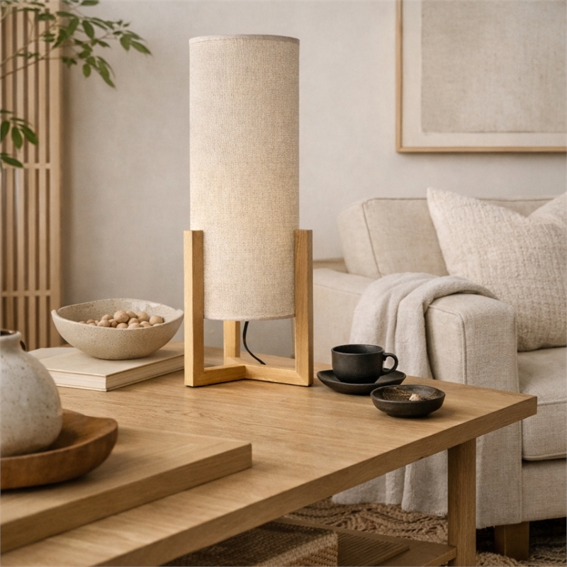 Sonya Minimalist Cylindrical Table Lamp with Natural Wood Frame