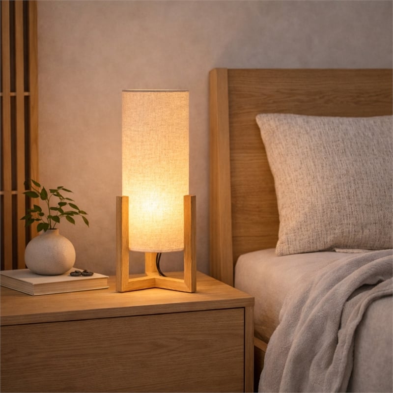 Sonya Minimalist Cylindrical Table Lamp with Natural Wood Frame
